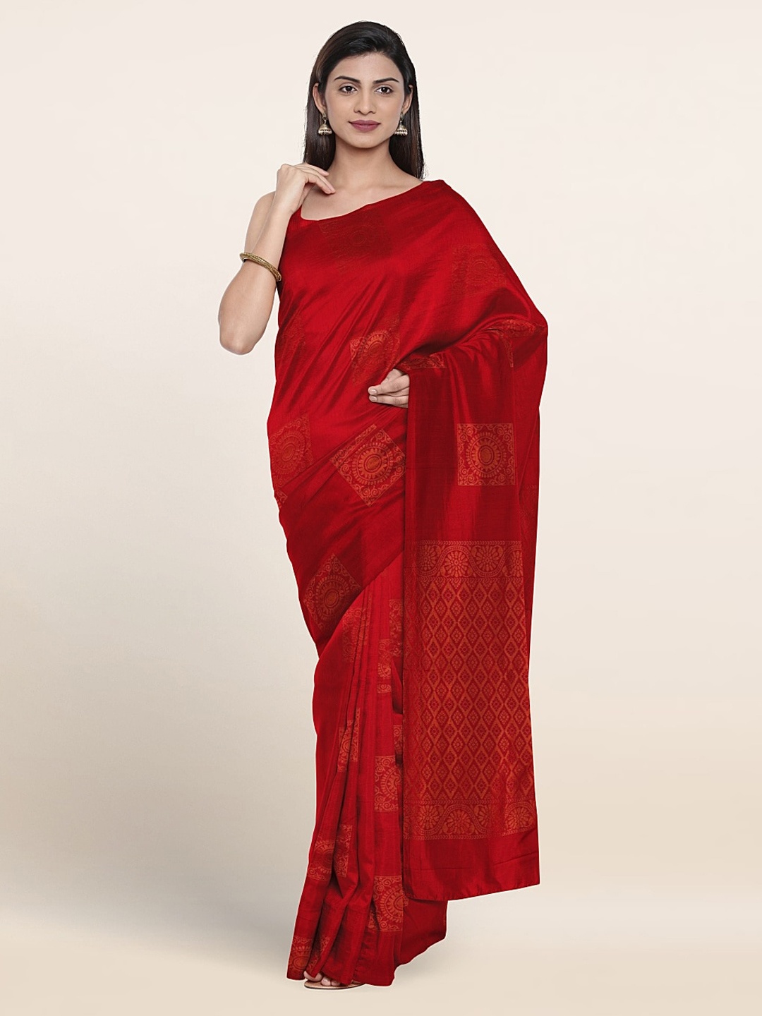 

Pothys Ethnic Motifs Woven Design Zari Silk Cotton Saree, Red