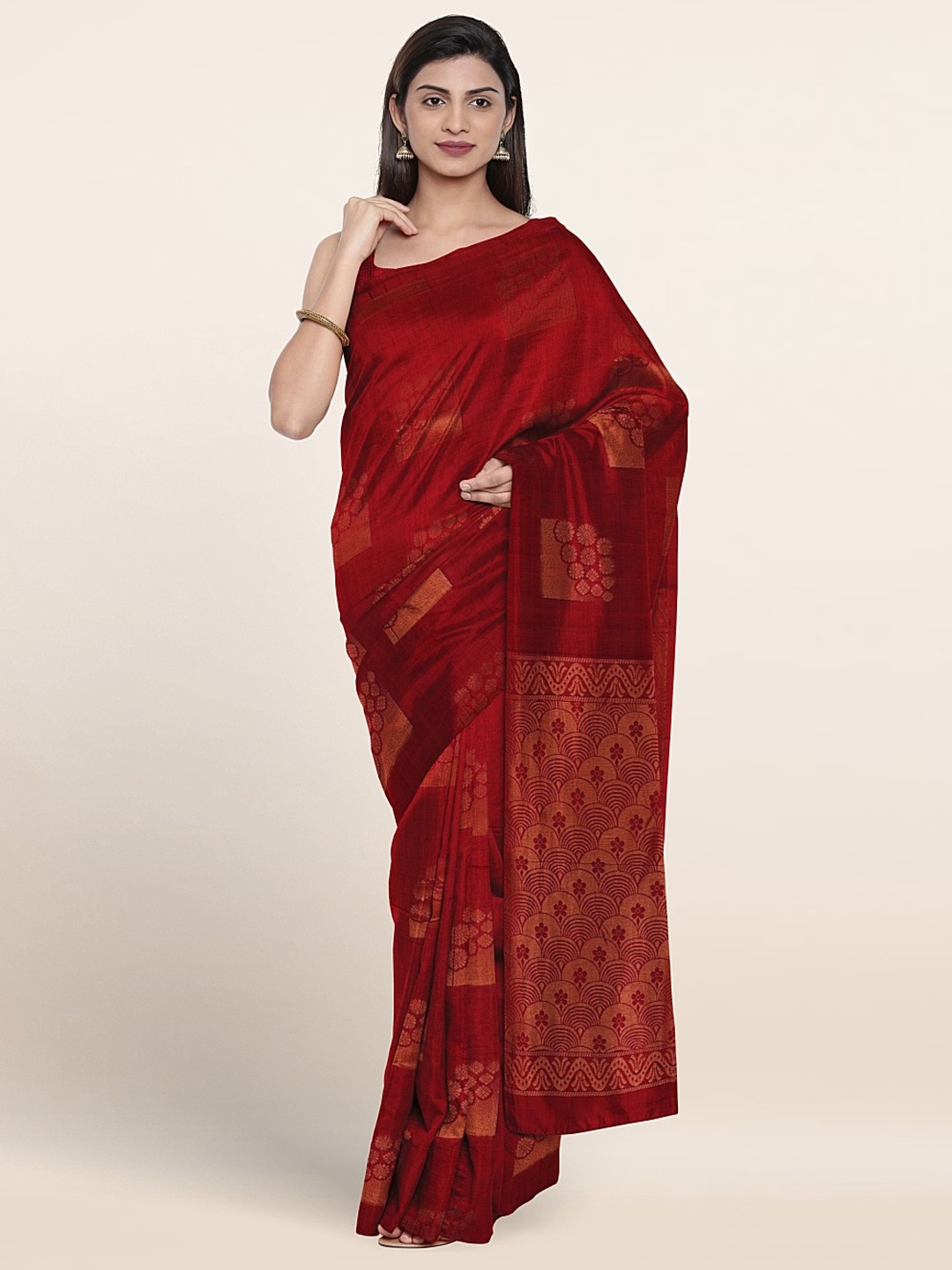 

Pothys Ethnic Motifs Woven Design Zari Silk Cotton Saree, Red