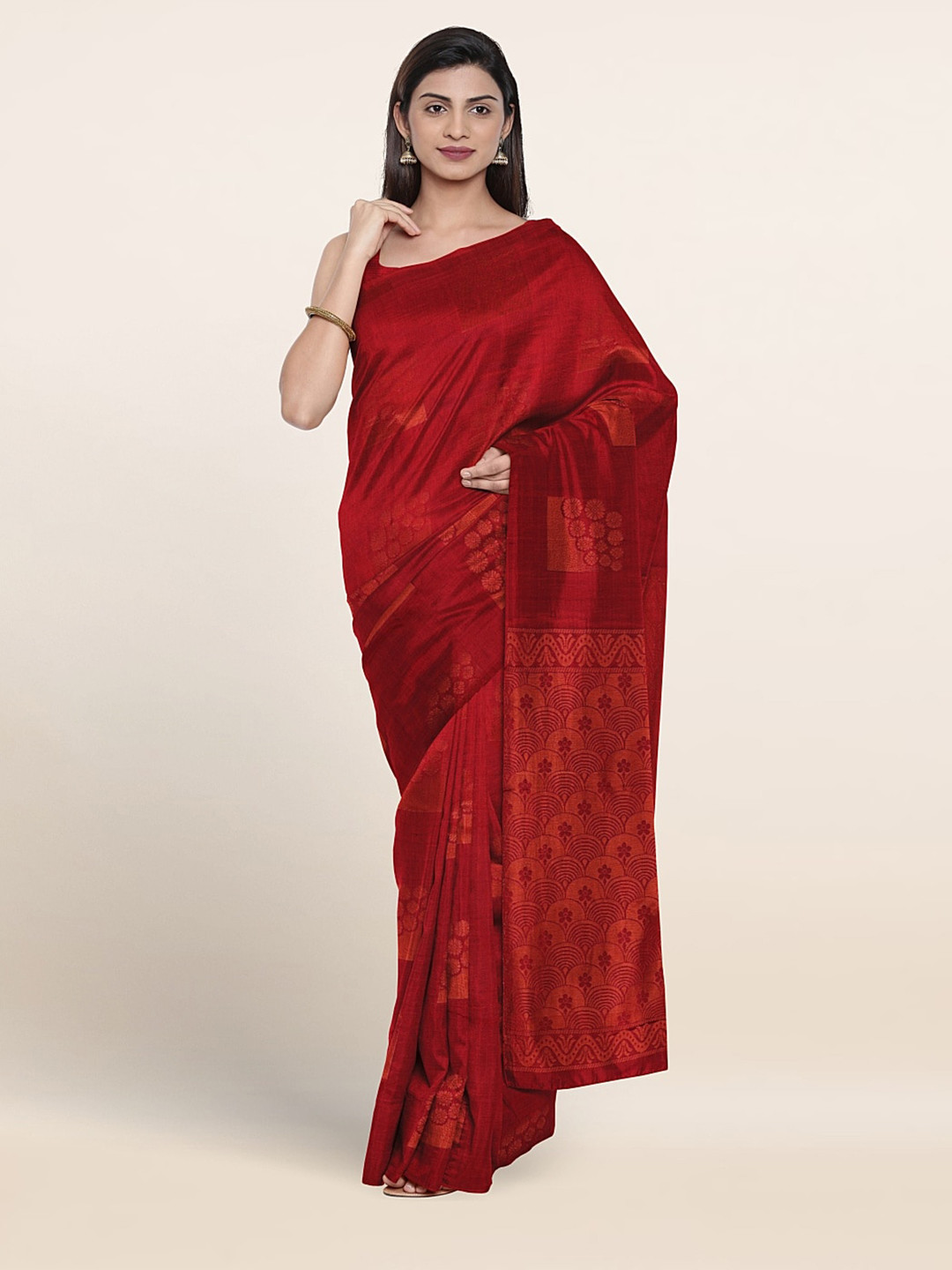 

Pothys Ethnic Motifs Woven Design Zari Silk Cotton Saree, Red