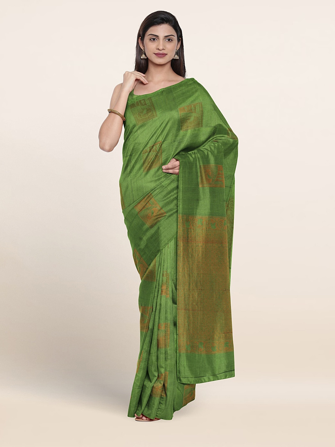 

Pothys Ethnic Motifs Woven Design Zari Silk Cotton Saree, Green