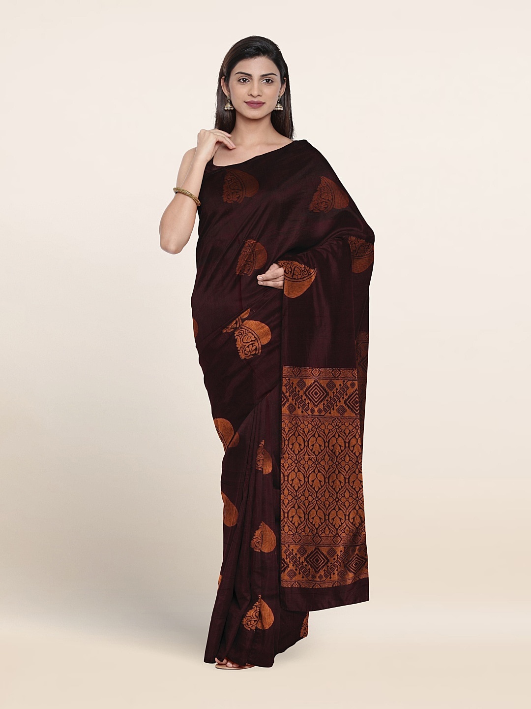 

Pothys Ethnic Motifs Woven Design Zari Pure Silk Saree, Brown