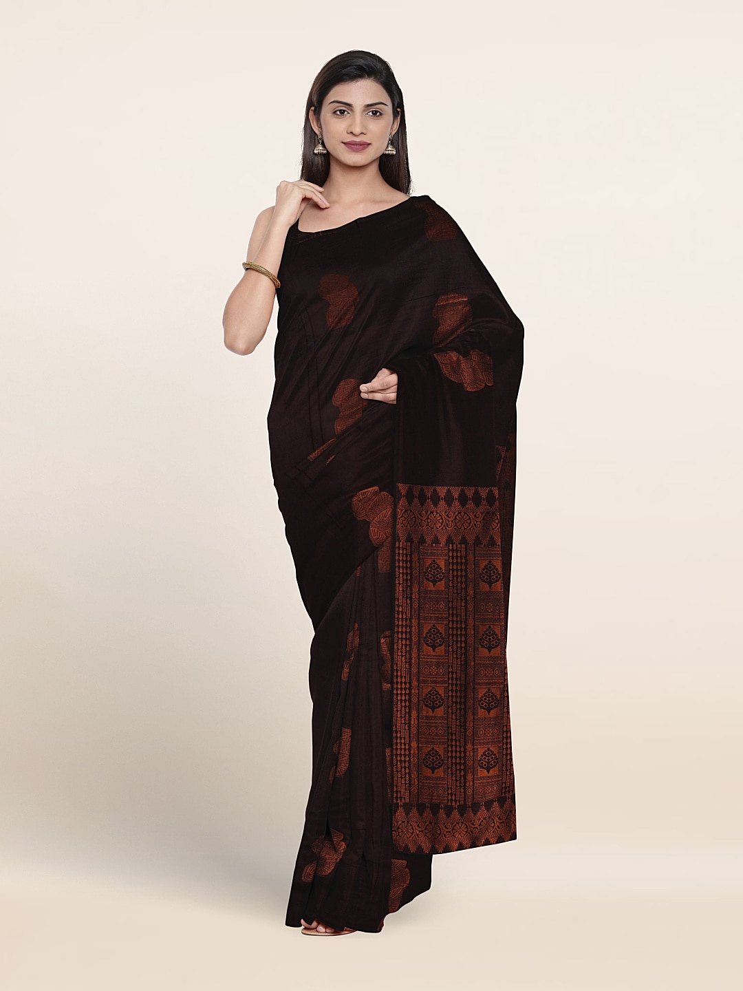 

Pothys Ethnic Motifs Woven Design Zari Silk Cotton Saree, Coffee brown