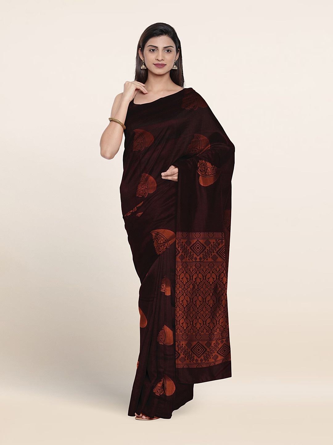 

Pothys Ethnic Motifs Woven Design Zari Silk Cotton Saree, Coffee brown