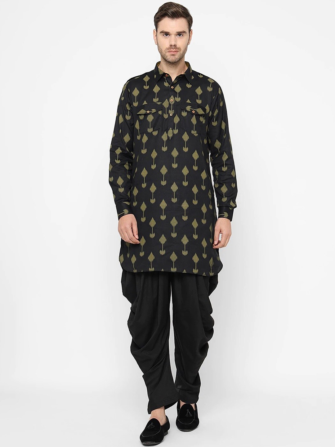 

Chitwan Mohan Ethnic Motifs Printed Pure Cotton Pathani Kurta With Dhoti Pants, Olive