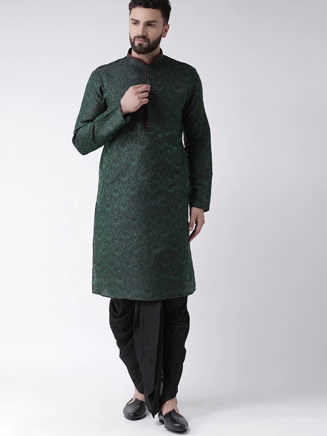 

Chitwan Mohan Woven Design Dupion Silk Kurta With Dhoti Pants, Green