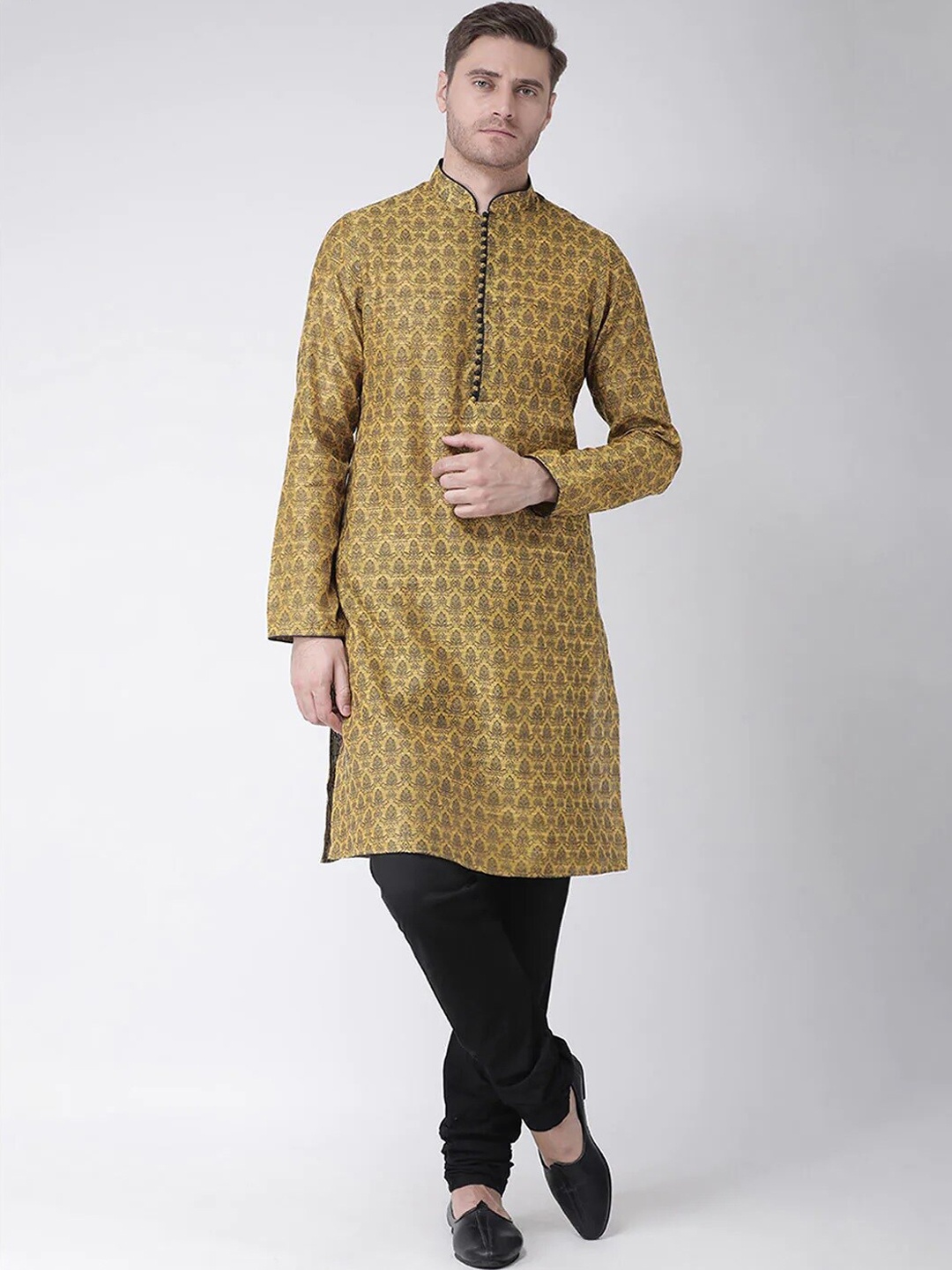 

Chitwan Mohan Printed Mandarin Collar Kurta with Churidar, Mustard