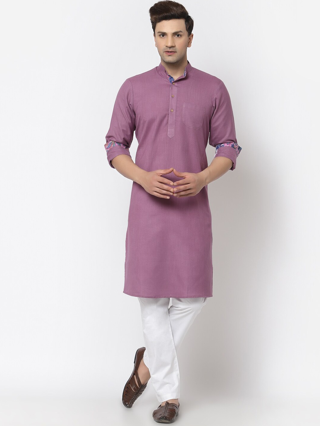 

Chitwan Mohan Band Collar Kurta with Pyjamas, Purple