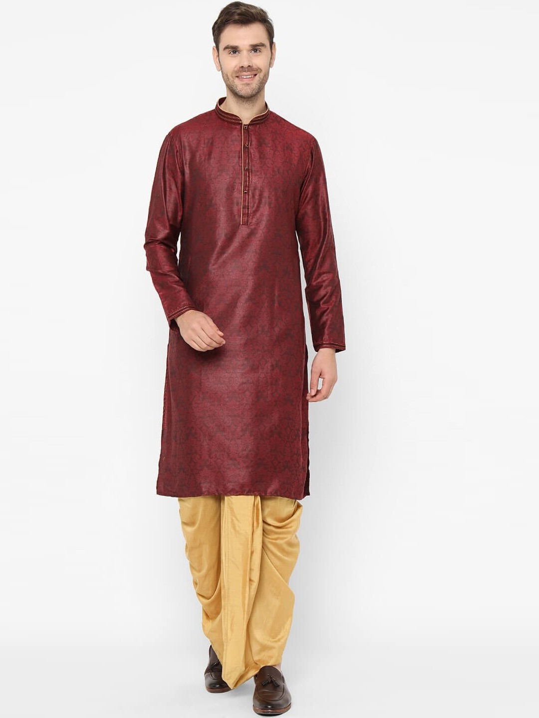 

Chitwan Mohan Men Woven Design Straight Kurta with Dhoti Pants, Maroon
