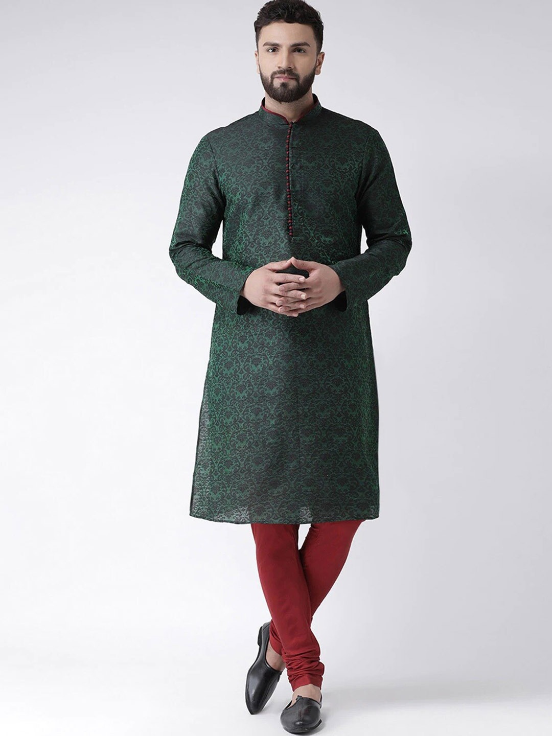 

Chitwan Mohan Men Woven Design Dupion Silk Straight Kurta with Churidar, Green
