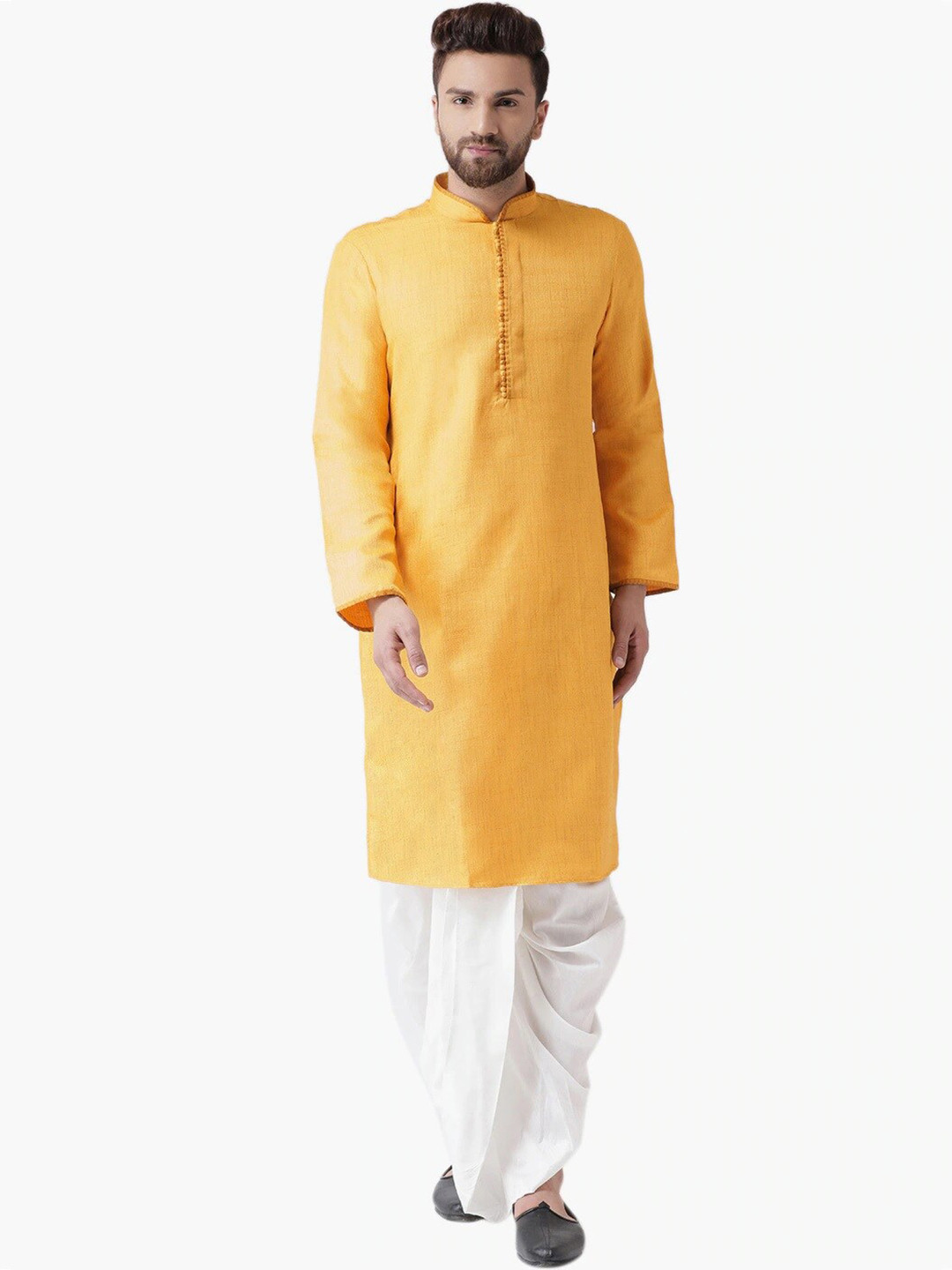 

Chitwan Mohan Woven Design Mandarin Collar Kurta with Dhoti Pants, Yellow