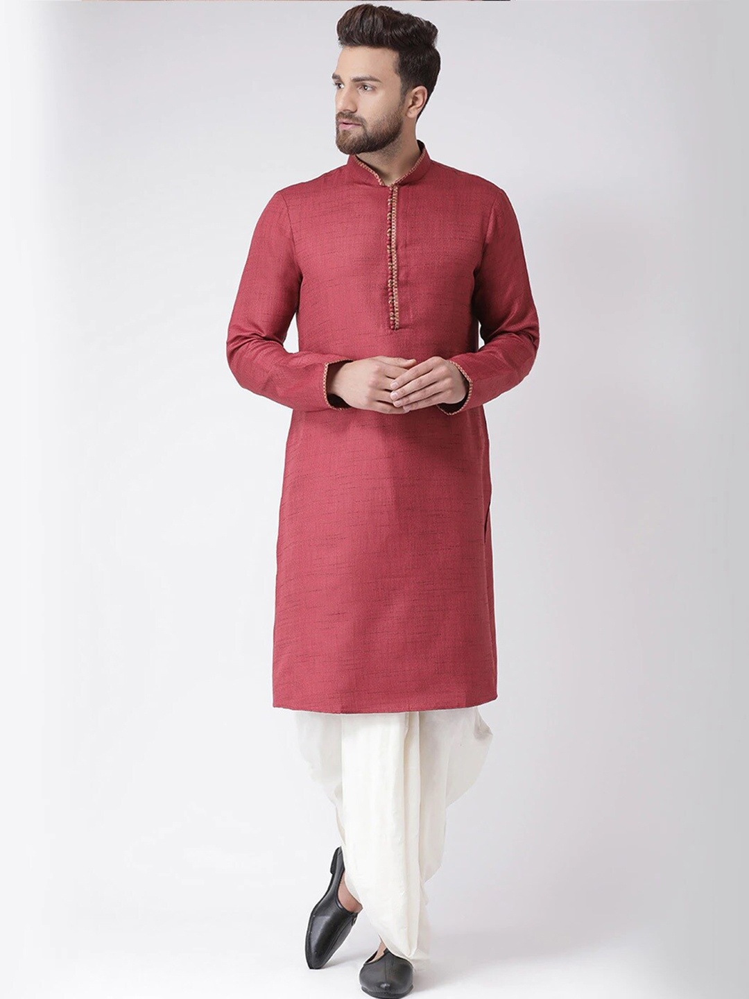 

Chitwan Mohan Woven Design Mandarin Collar Kurta with Dhoti Pants, Maroon