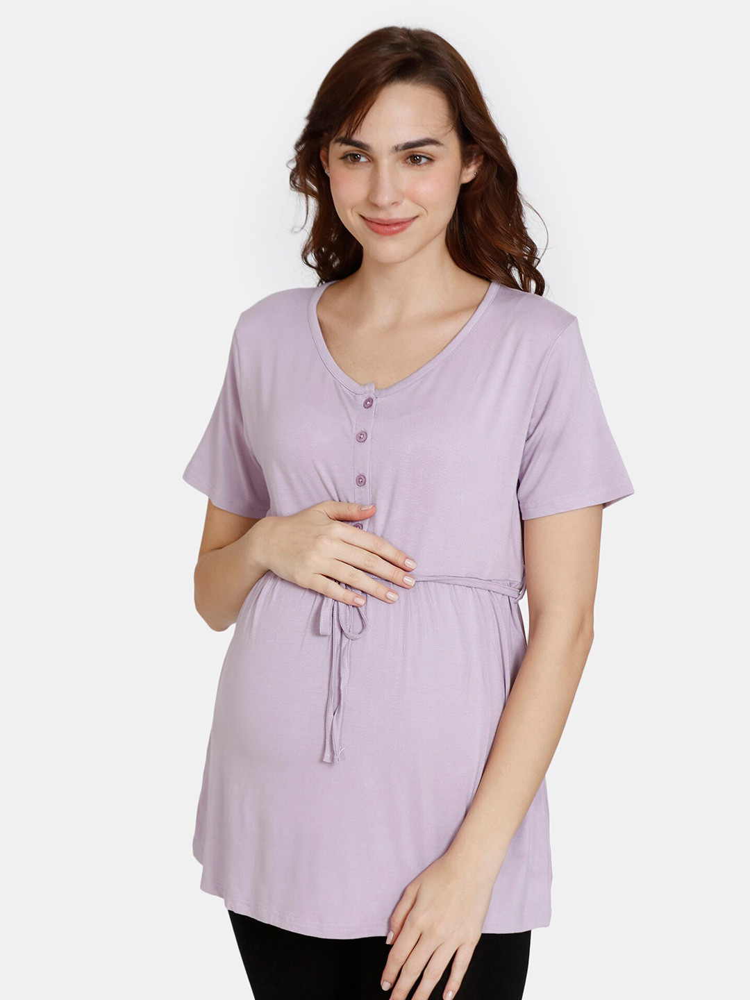 

Coucou by Zivame Button Closure Tie-Ups Short Sleeves Maternity Lounge T-shirt, Mauve