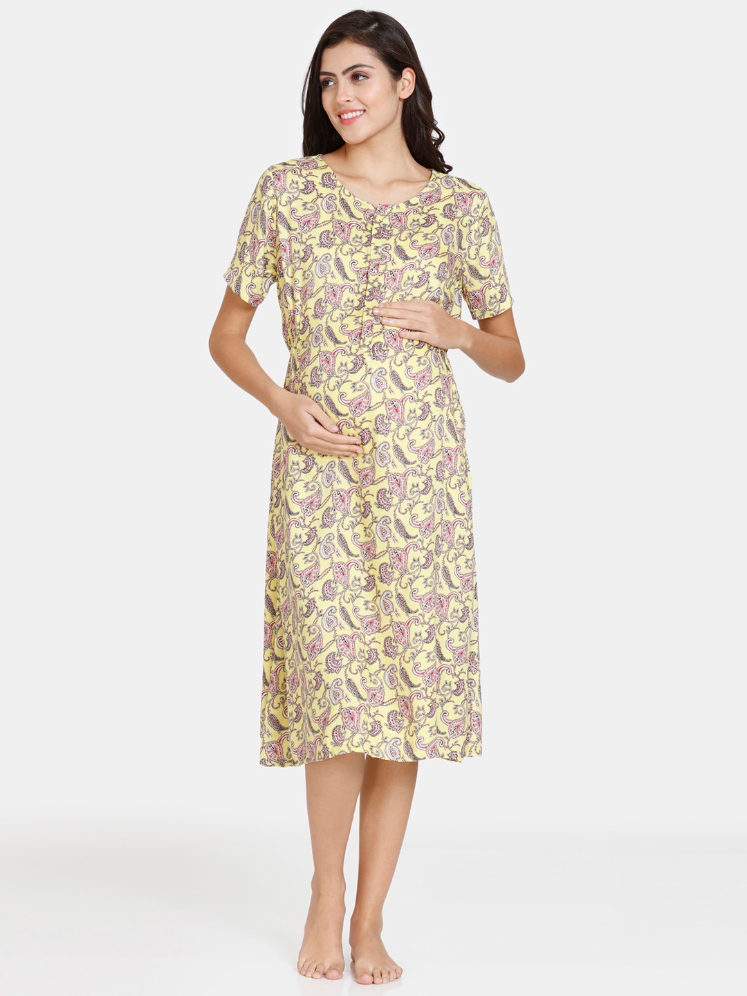 

Coucou by Zivame Ethnic Motifs Printed Pure Cotton Maternity Nightdress, Yellow