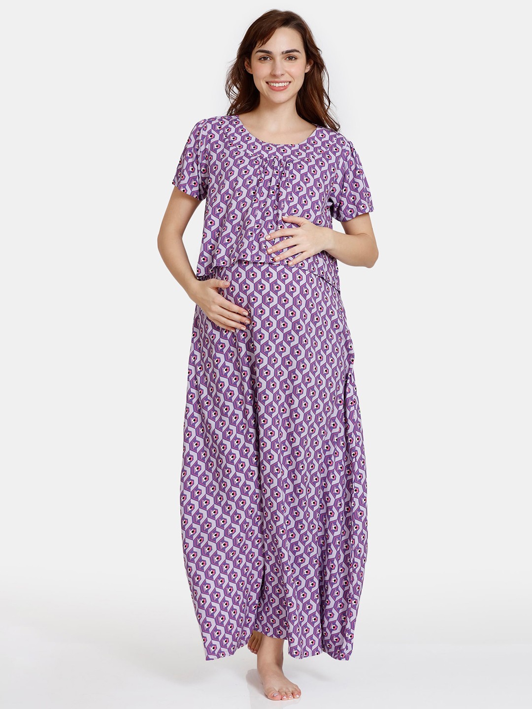 

Coucou by Zivame Floral Printed Maternity Maxi Nightdress, Purple