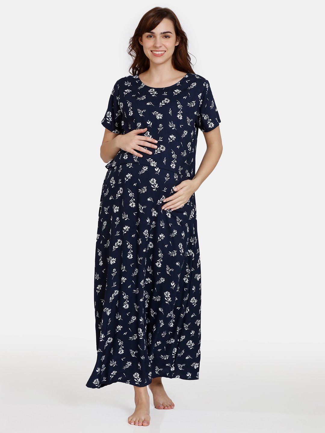 

Coucou by Zivame Floral Printed Maternity Maxi Nightdress, Navy blue