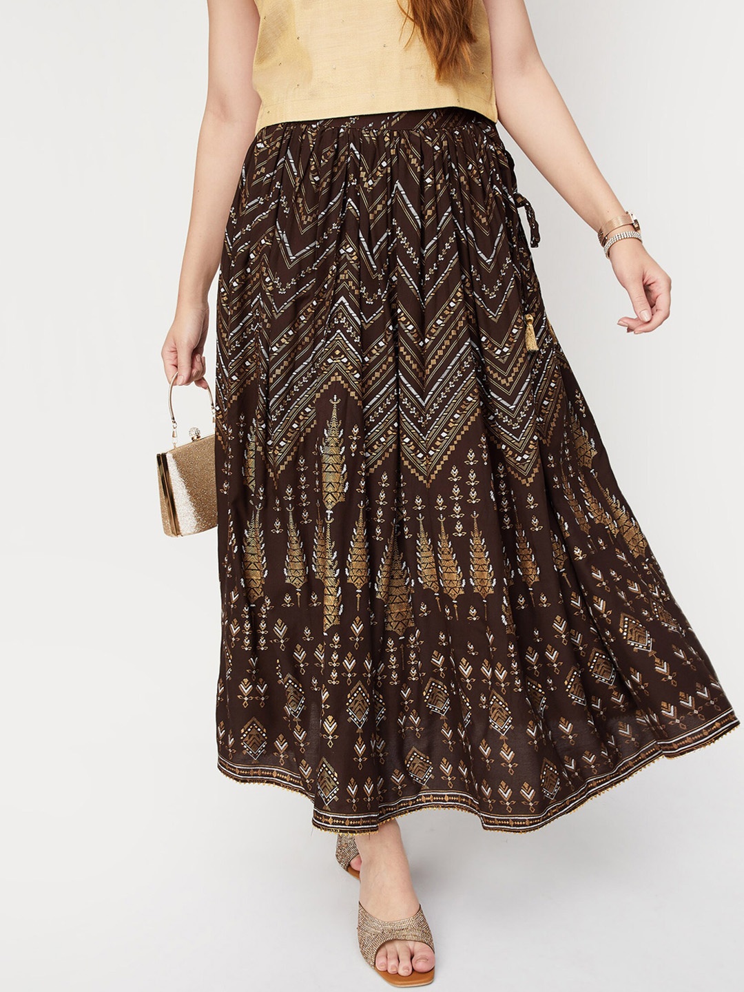 

max Printed Maxi Flared Skirts, Brown