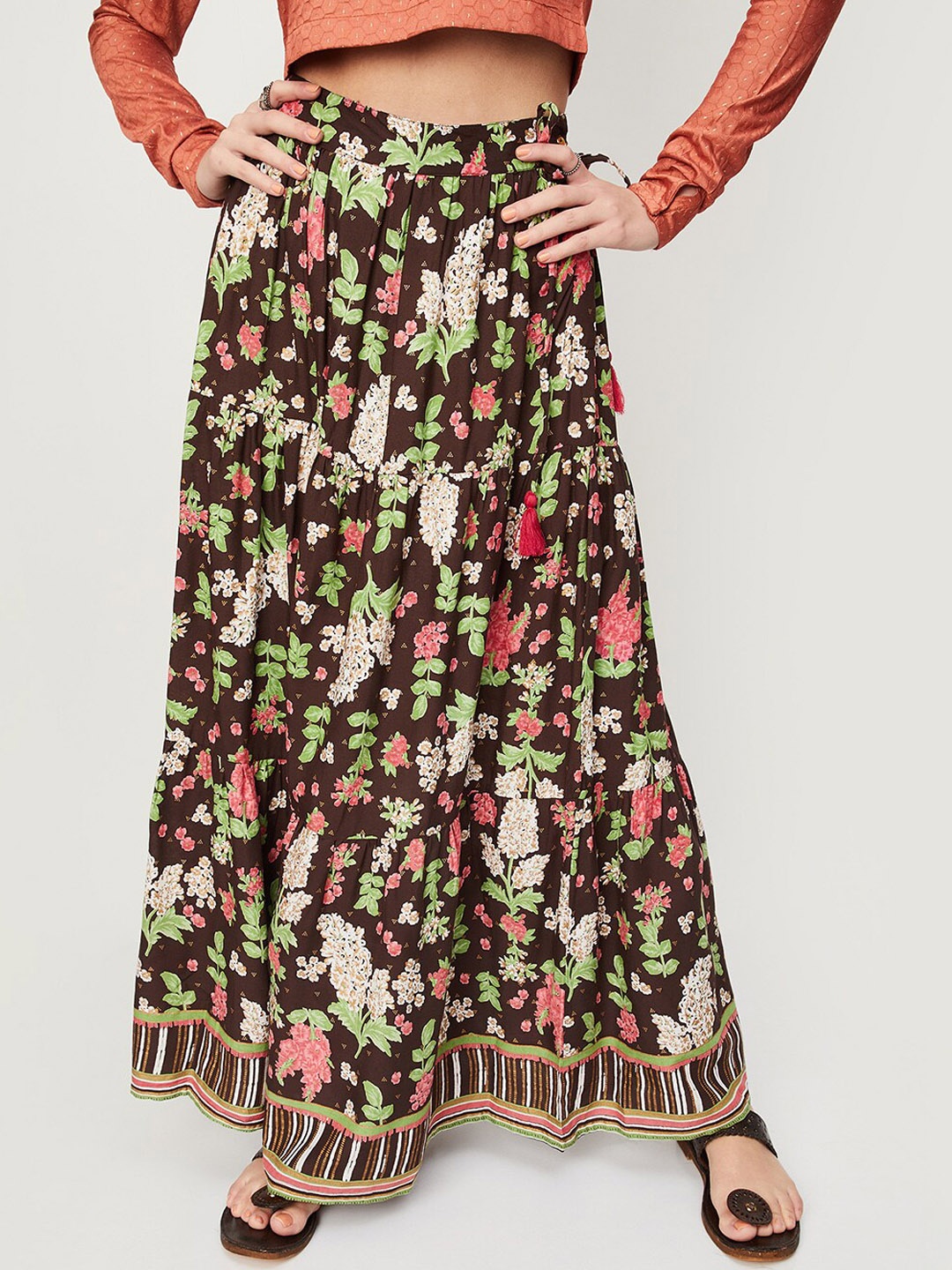 

max Printed Maxi Flared Skirts, Brown