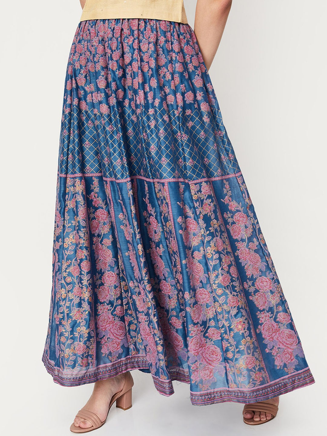 

max Floral Printed Maxi Flared Skirts, Teal