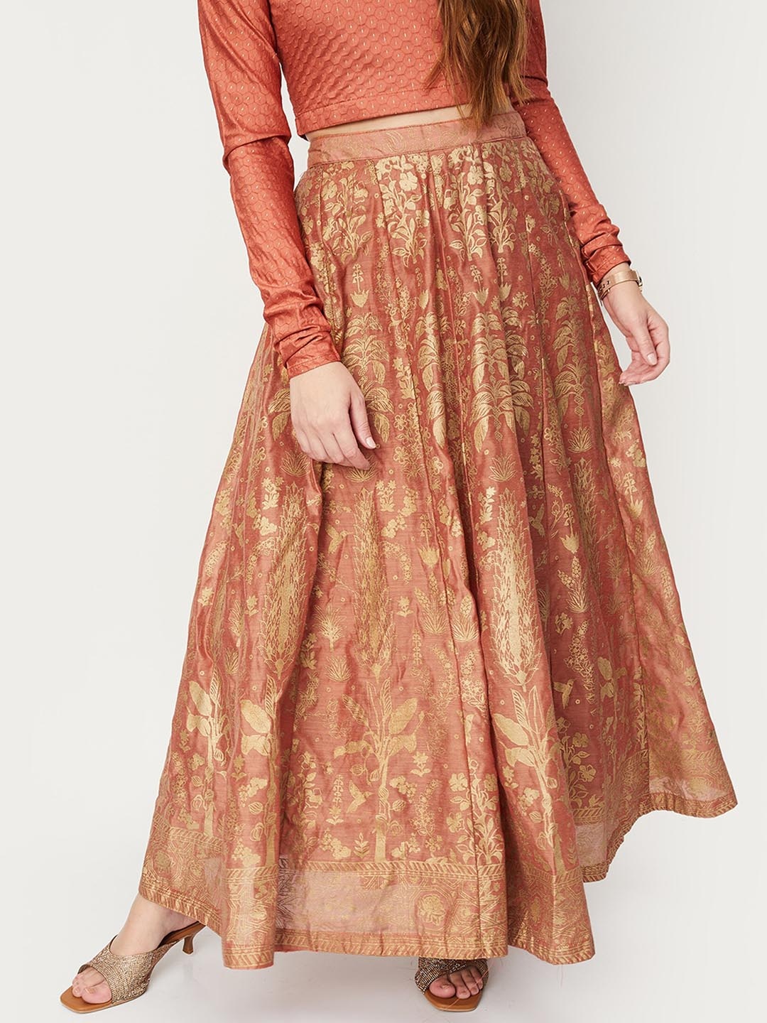 

max Floral Printed Maxi Flared Skirts, Rust