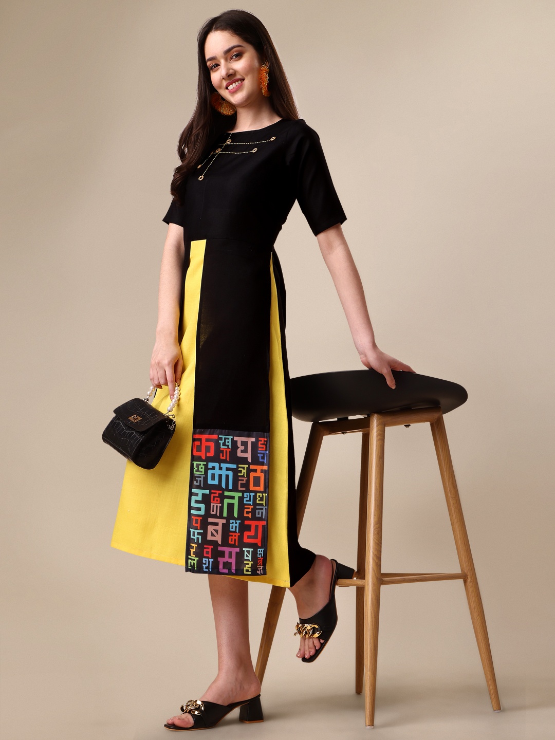 

HERE&NOW Typography Printed Embroidered Fit And Flare Midi Dress, Black