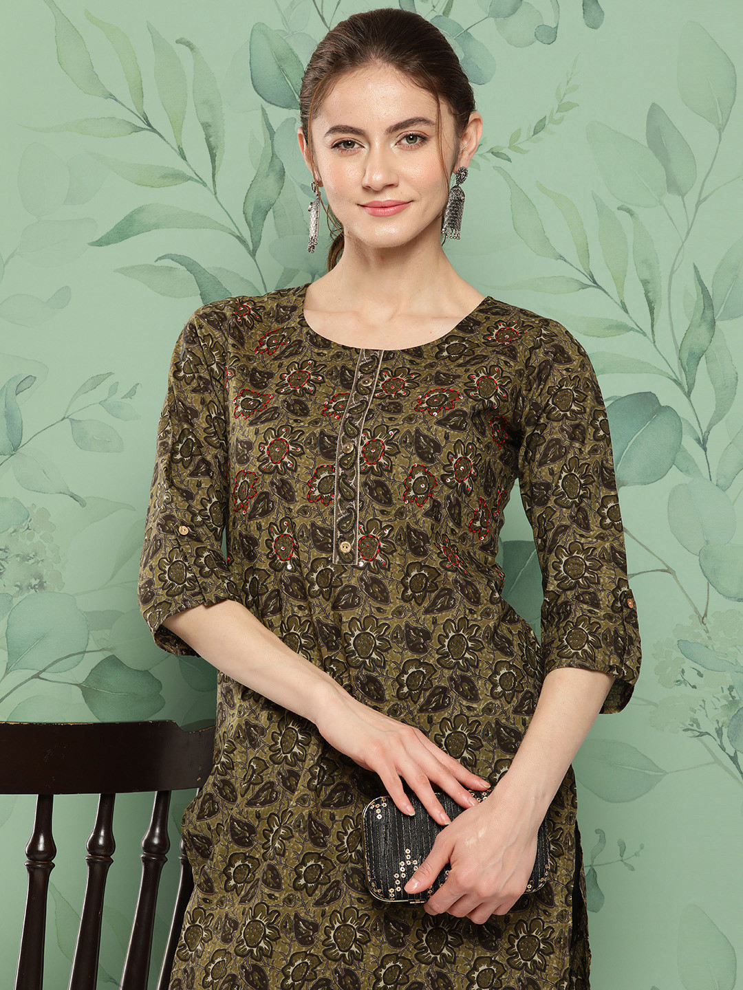 

Yufta Floral Printed Pure Cotton Straight Kurta, Green