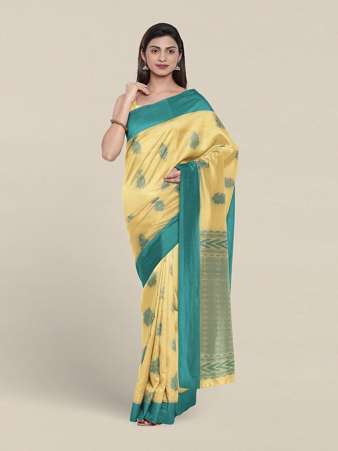 

Pothys Cream-Coloured & Green Woven Design Pure Silk Saree