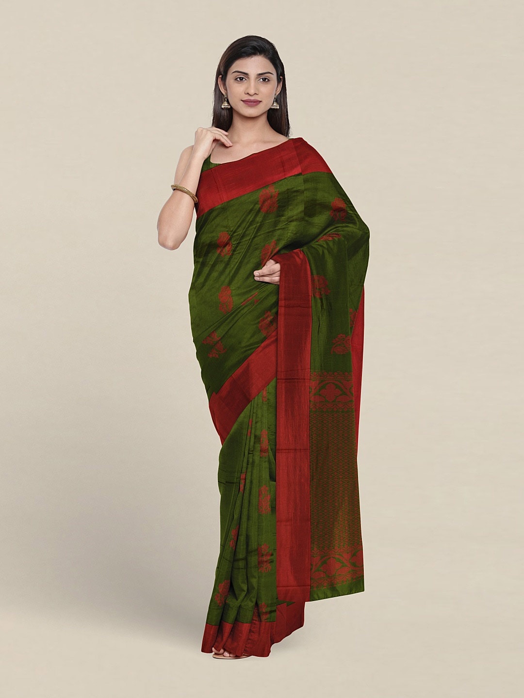 

Pothys Green & Red Woven Design Pure Silk Saree