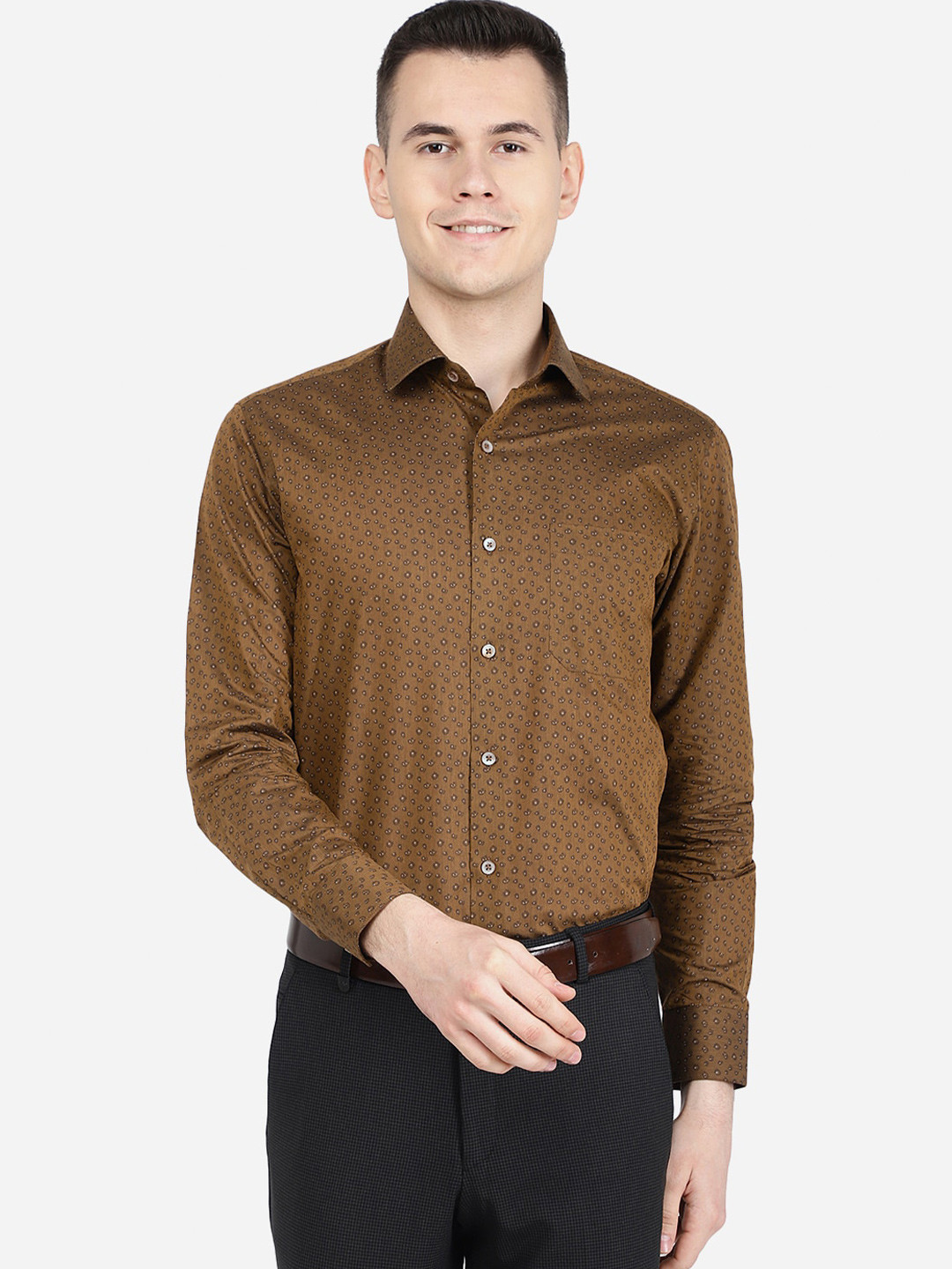 

Greenfibre Micro Ditsy Printed Classic Slim Fit Formal Shirt, Brown
