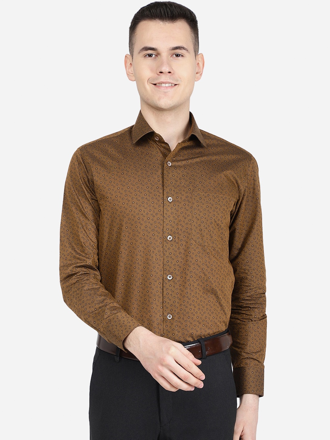 

Greenfibre Micro Ditsy Printed Classic Slim Fit Formal Shirt, Brown