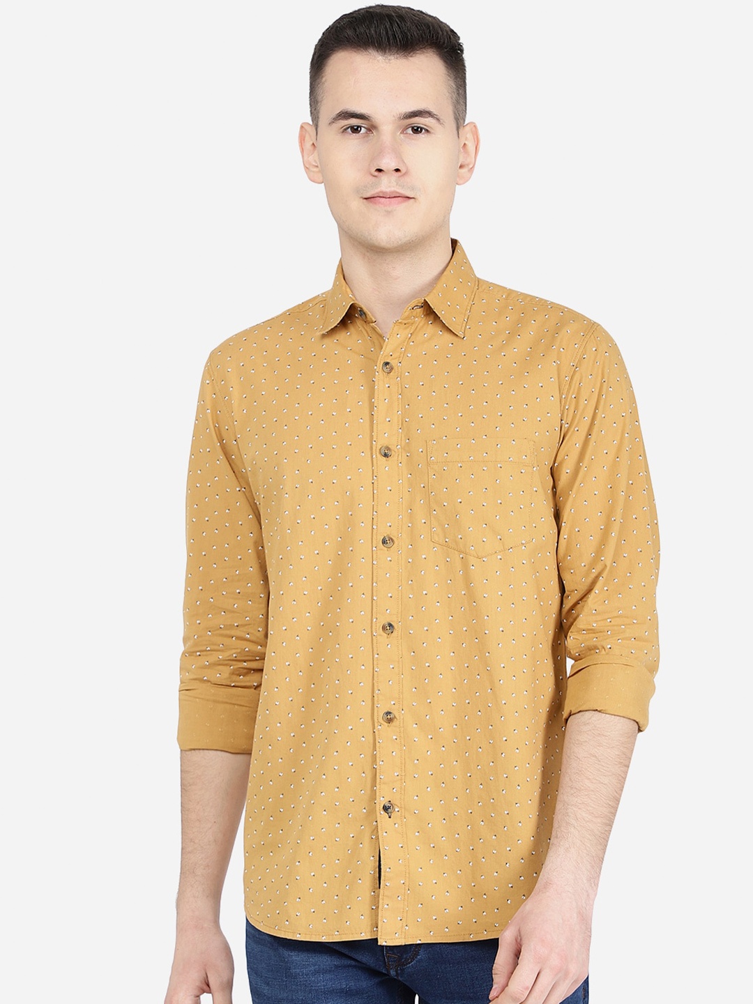 

JADE BLUE Classic Slim Fit Micro Ditsy Printed Cotton Casual Shirt, Yellow