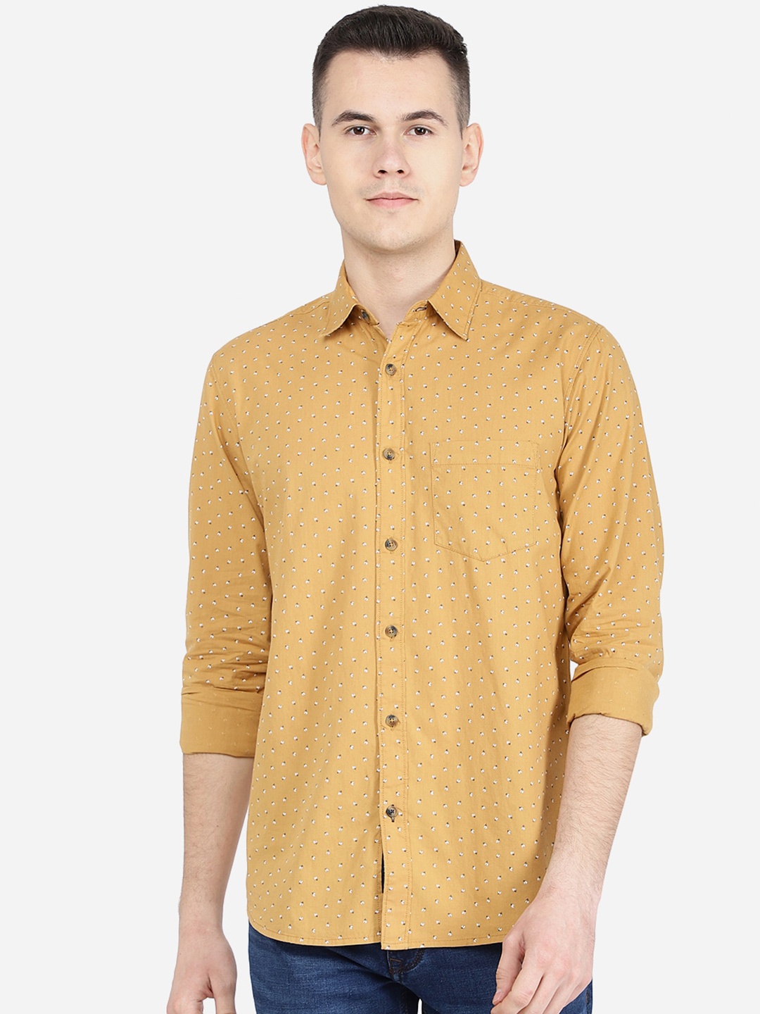 

JADE BLUE Classic Slim Fit Micro Ditsy Printed Cotton Casual Shirt, Yellow