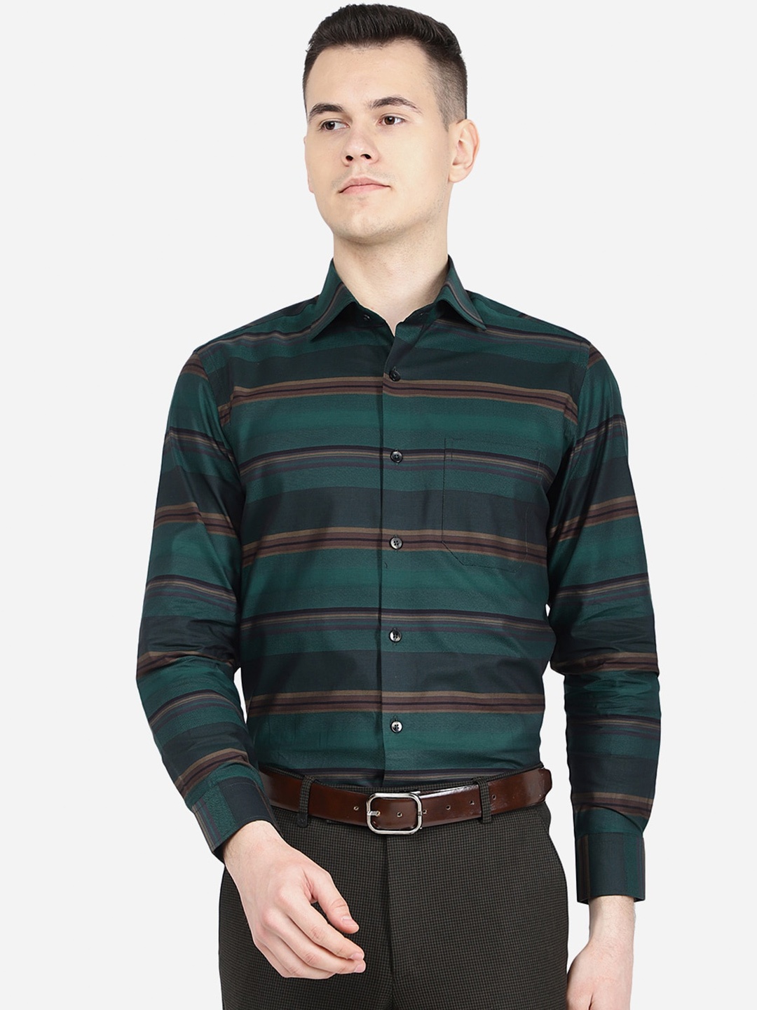 

METAL Men Classic Slim Fit Horizontal Striped Formal Cotton Shirt, Green
