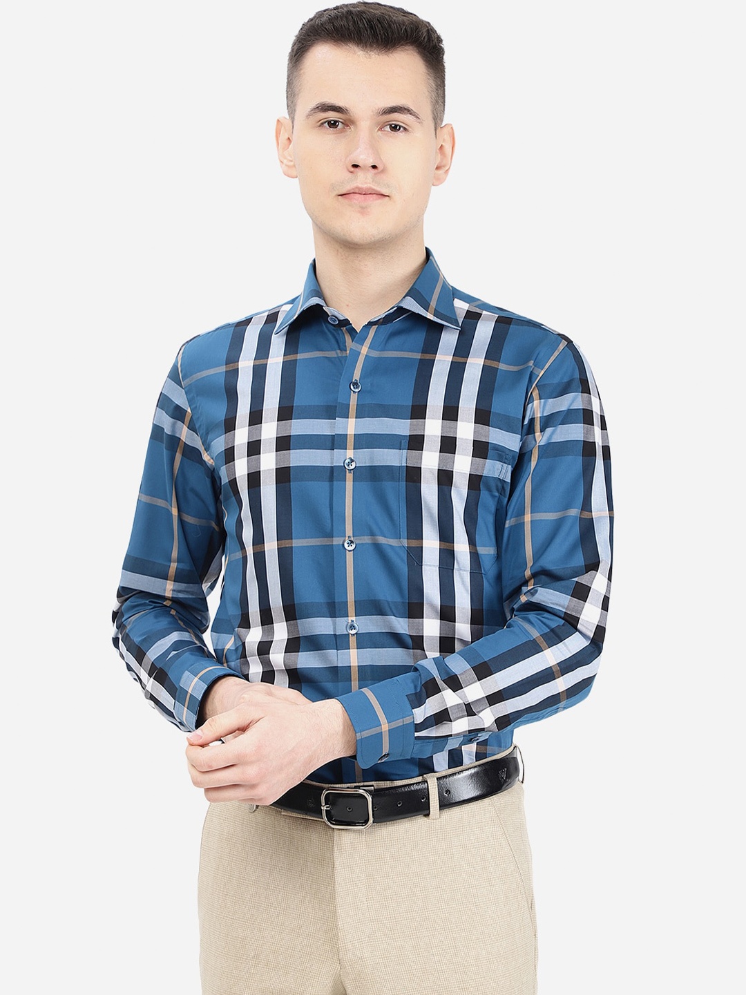 

METAL Classic Slim Fit Tartan Checked Cotton Formal Shirt, Blue