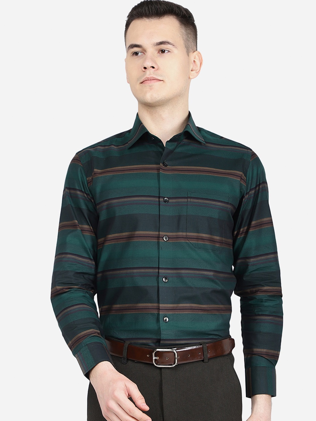 

METAL Men Classic Slim Fit Horizontal Striped Formal Cotton Shirt, Green