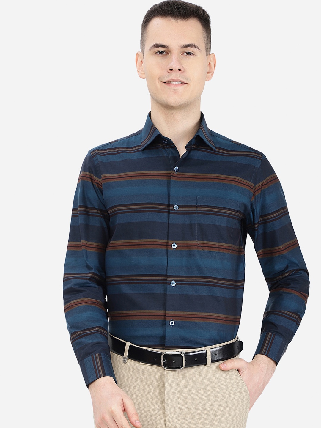 

METAL Plus Size Horizontal Stripes Cotton Formal Shirt, Blue