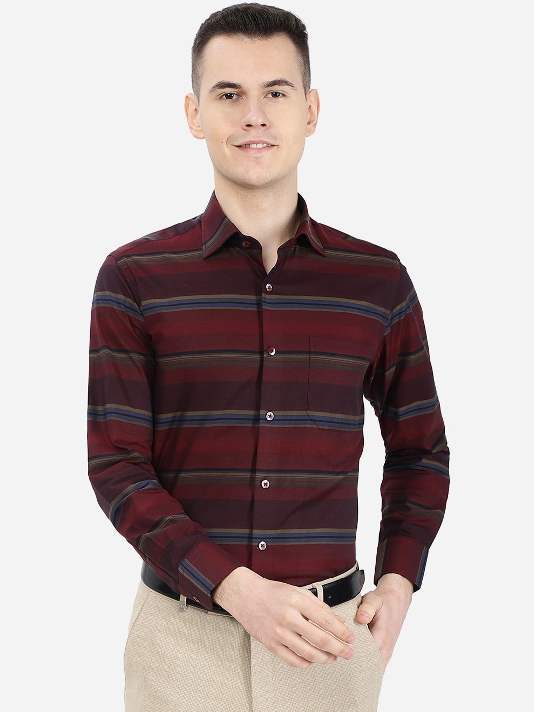 

METAL Classic Slim Fit Horizontal Stripes Striped Cotton Formal Shirt, Maroon