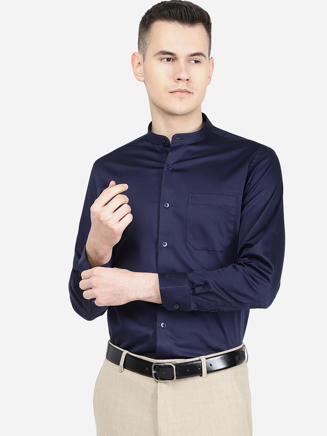 

METAL Mandarin Collar Cotton Slim Fit Formal Shirt, Navy blue