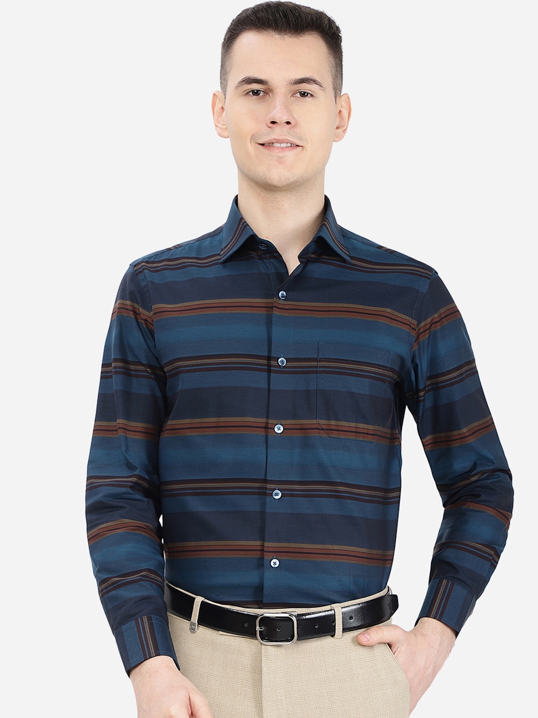 

METAL Horizontal Stripes Cotton Formal Shirt, Blue