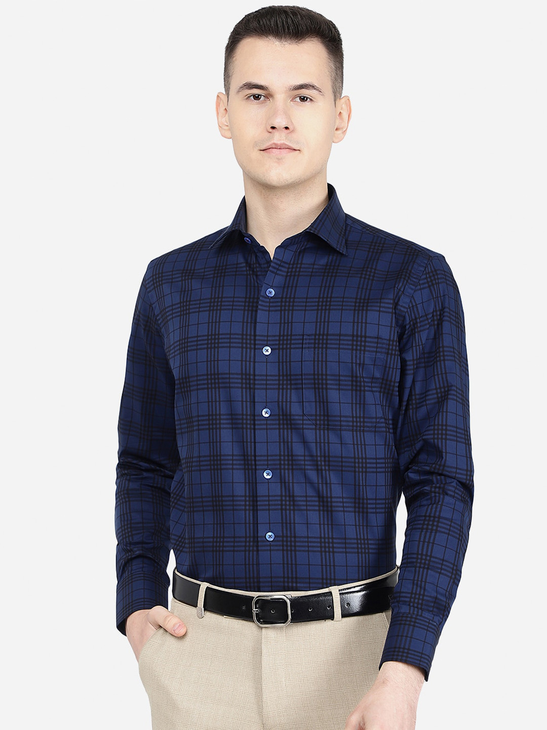 

METAL Classic Slim Fit Tartan Checks Checked Cotton Formal Shirt, Blue