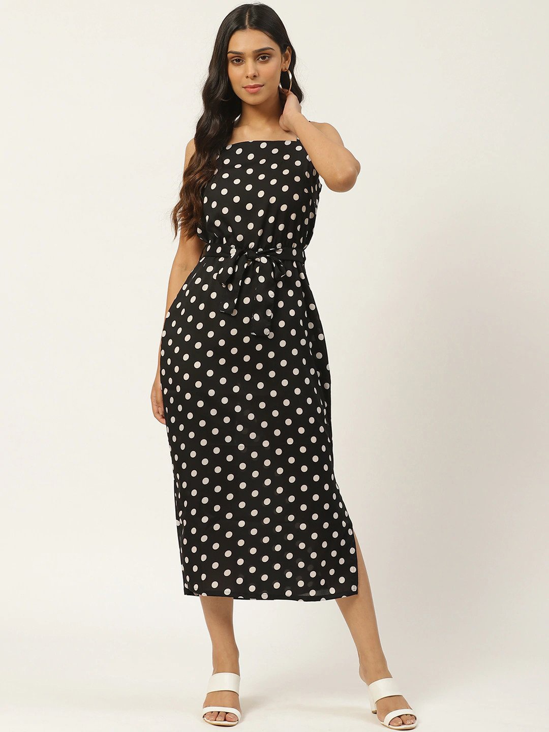 

Sleek Italia Polka Dots Printed Crepe Sheath Midi Dress, Black