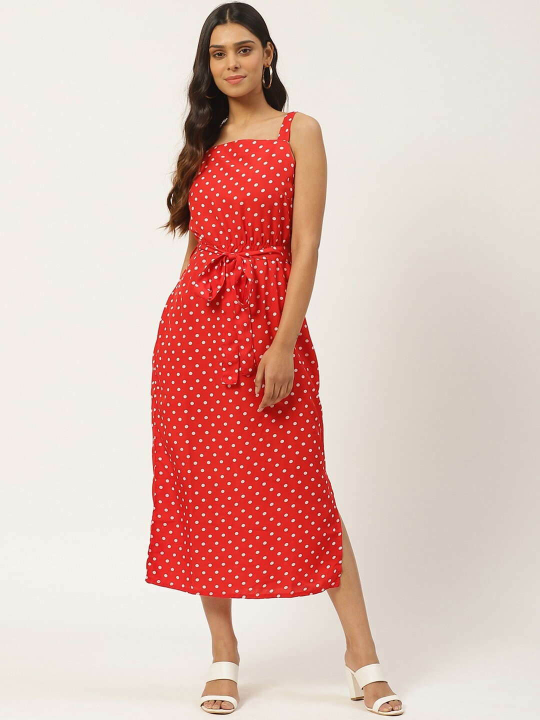 

Sleek Italia Polka Dots Printed A-Line Midi Dress, Red