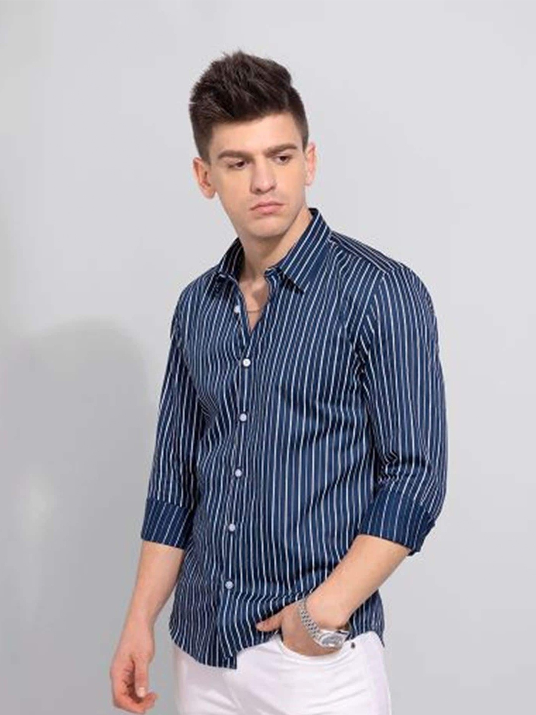 

APNISHA Vertical Striped Formal Cotton Shirt, Navy blue