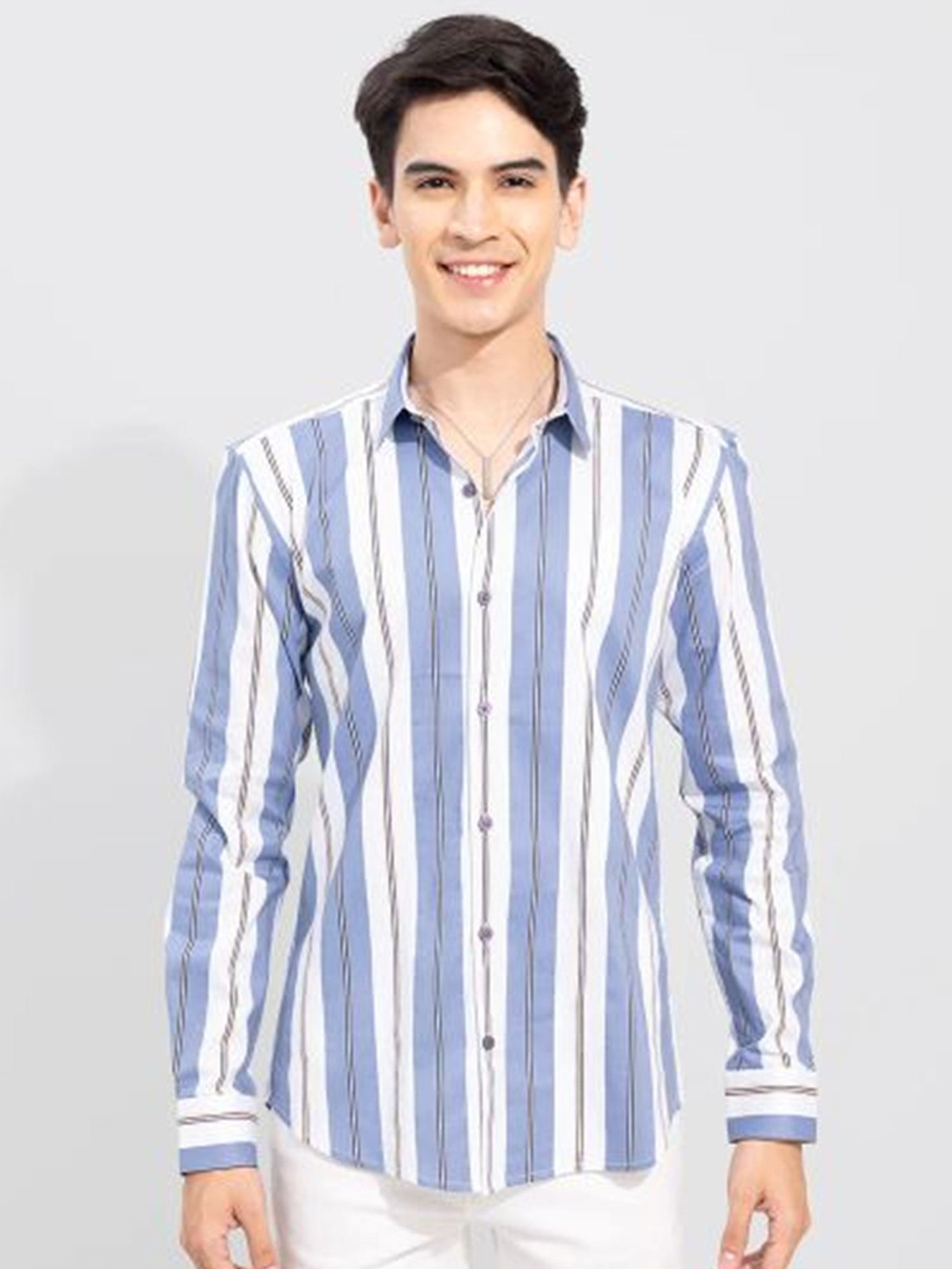 

APNISHA Vertical Striped Casual Cotton Shirt, Blue