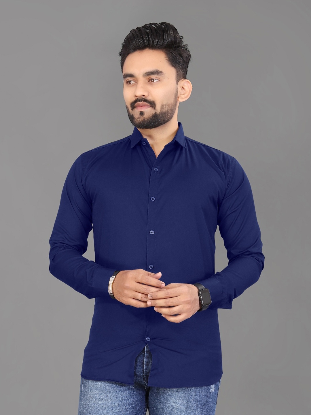 

APNISHA Spread Collar Casual Cotton Shirt, Navy blue