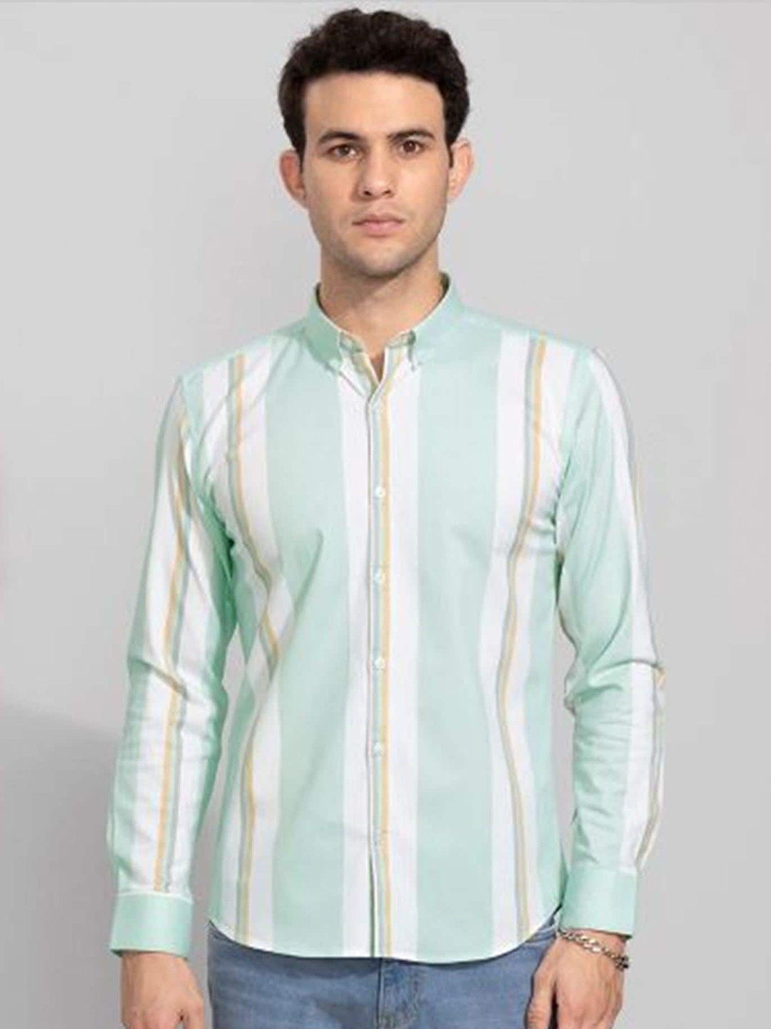 

APNISHA Cotton Striped Formal Shirt, Green