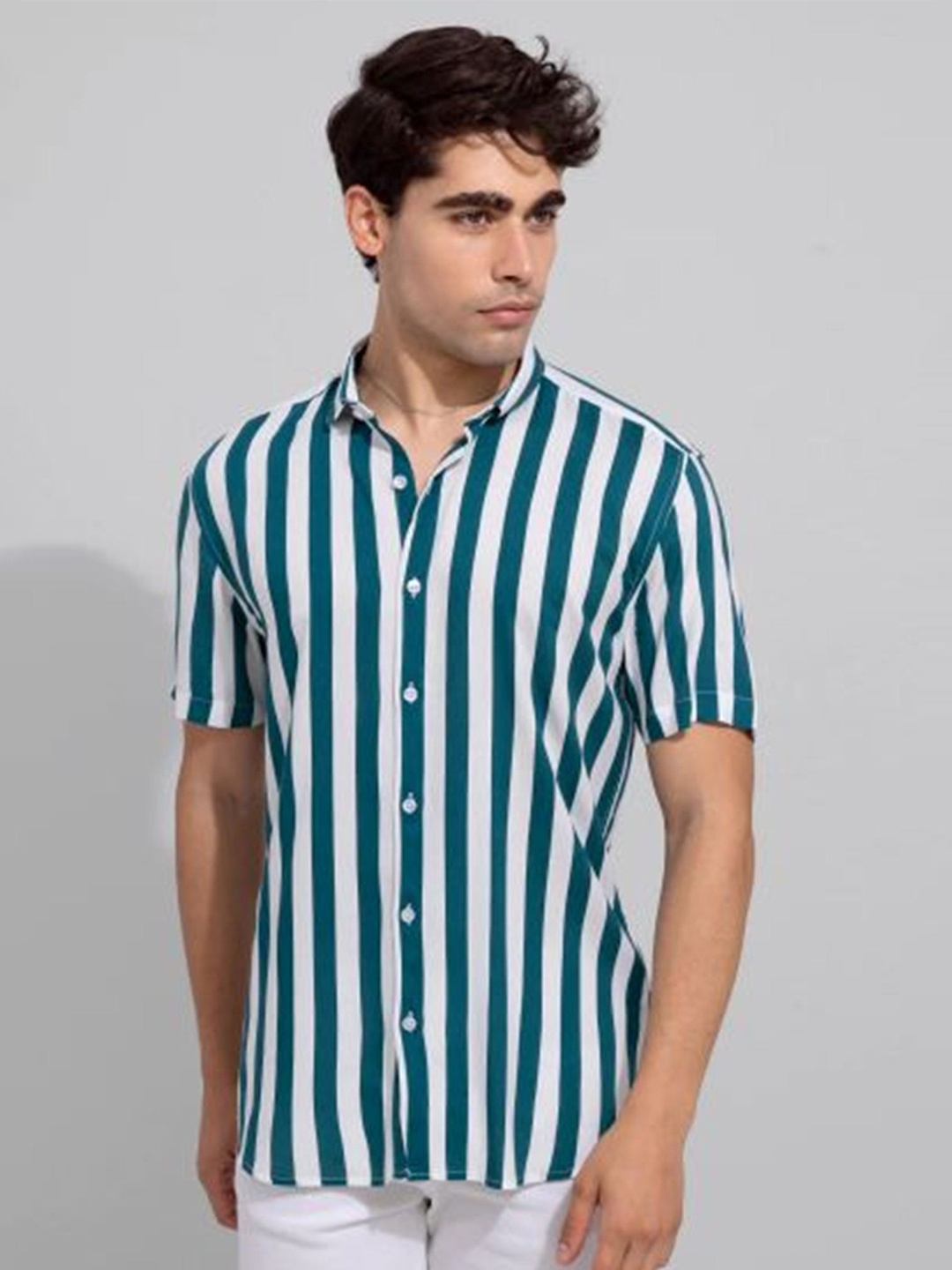

APNISHA Striped Spread Collar Casual Shirt, Green