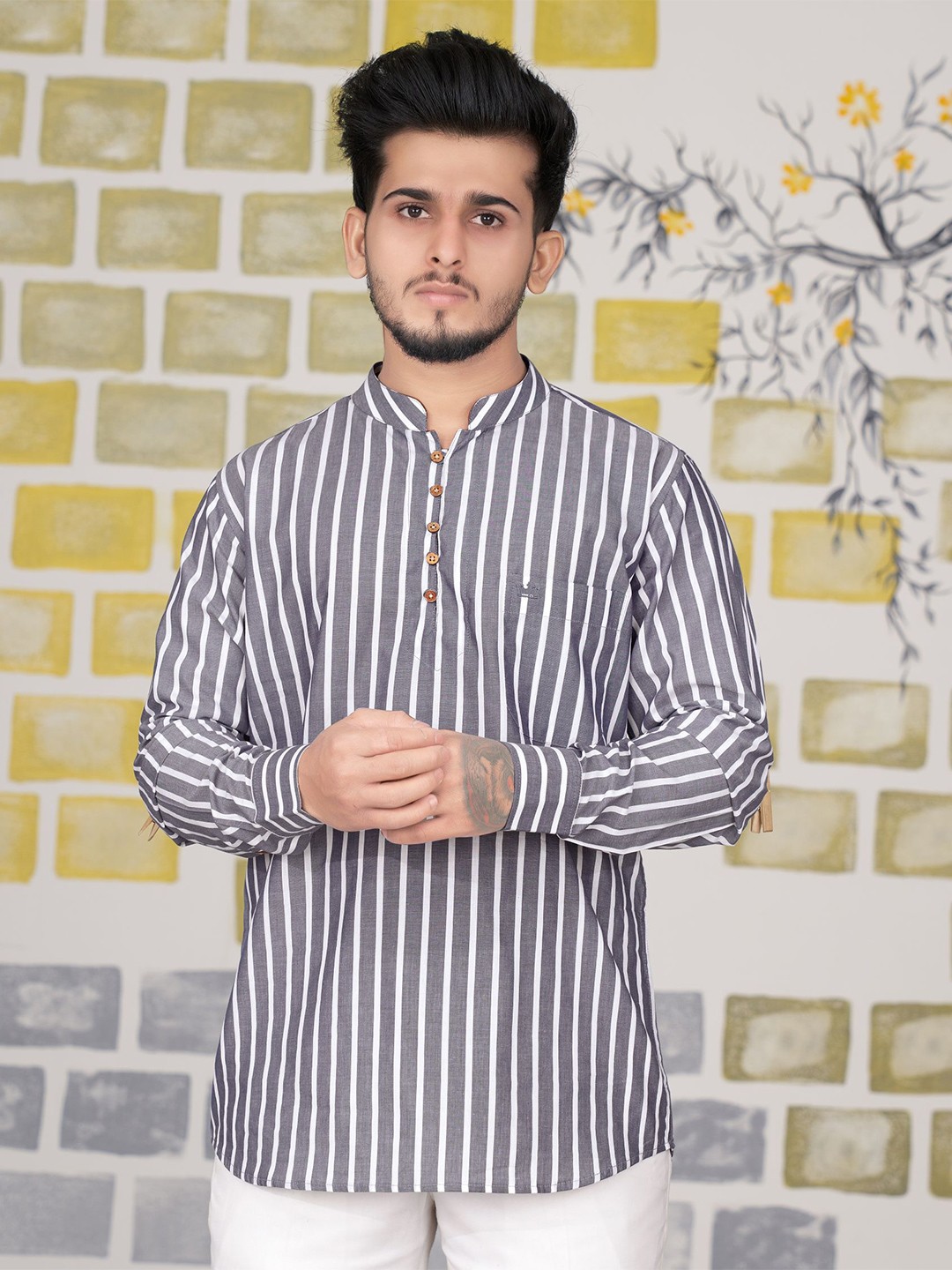 

FRENCH CROWN Striped Cotton Kurta, Grey