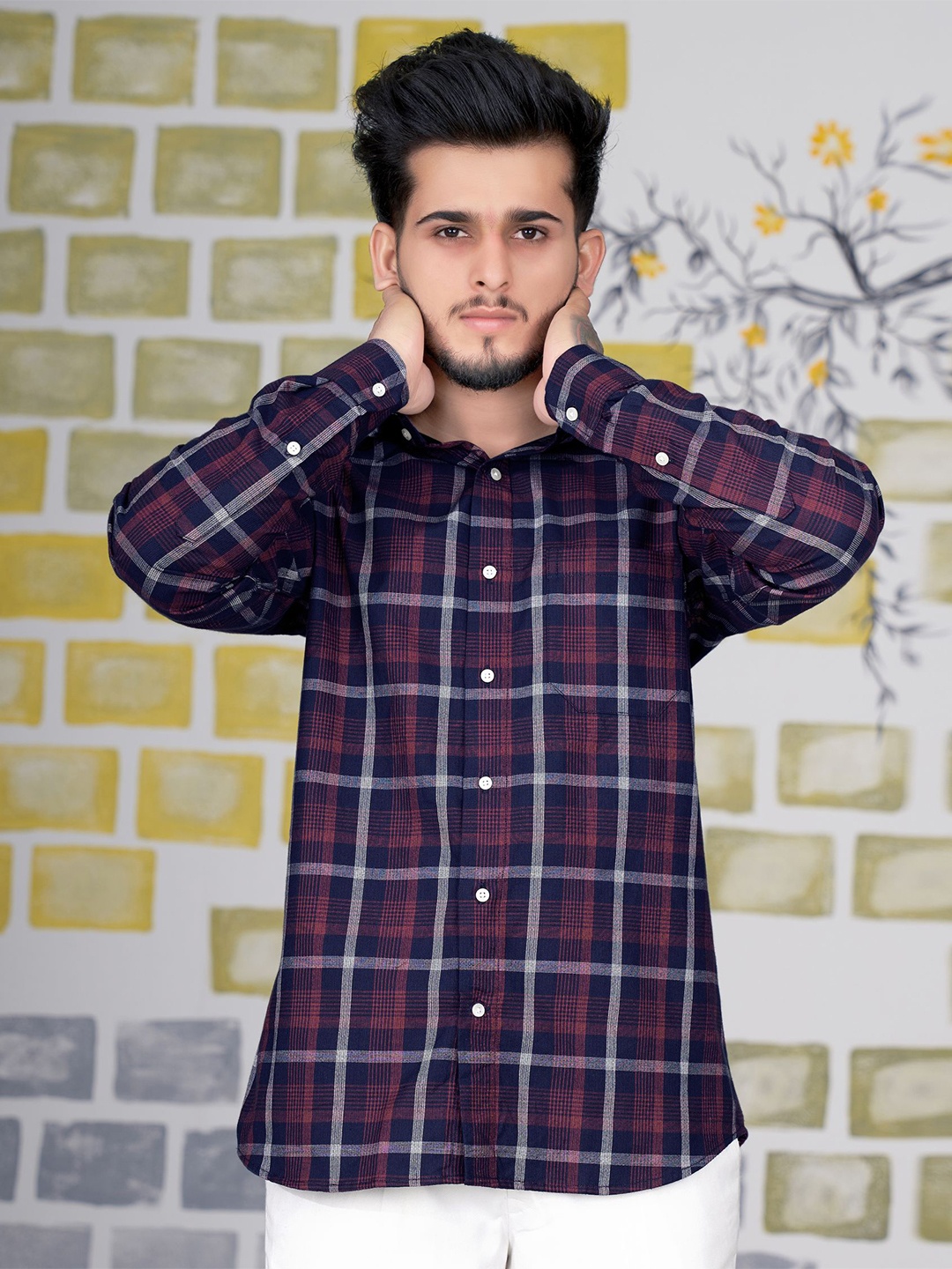 

FRENCH CROWN Tartan Checked Cotton Standard Casual Shirt, Blue