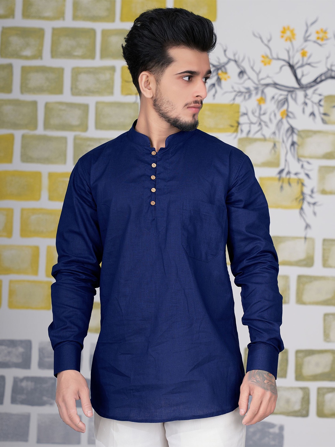 

FRENCH CROWN Mandarin Collar Standard Casual Linen Shirt, Navy blue