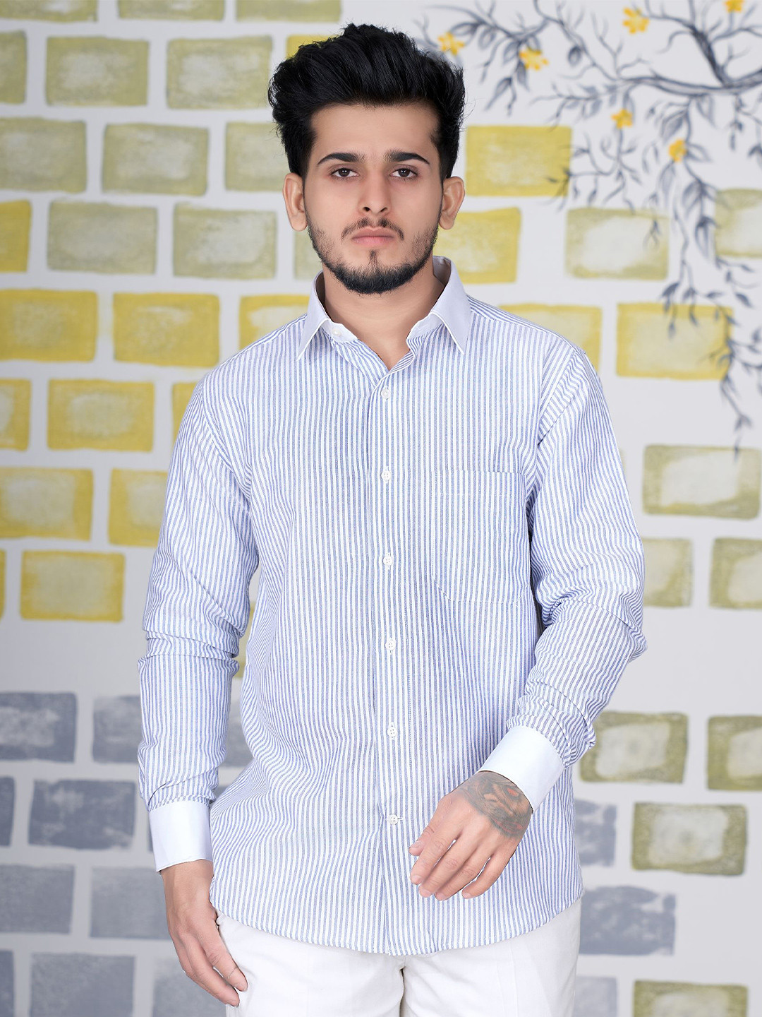 

FRENCH CROWN Men Standard Striped Casual Cotton Shirt, Blue